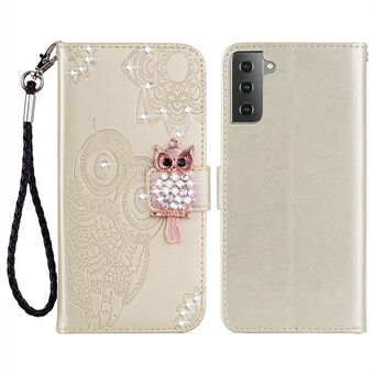 Voor Samsung Galaxy S23 strass decor telefoonhoes, opdruk uil bloemenpatroon Stand portemonnee lederen tas