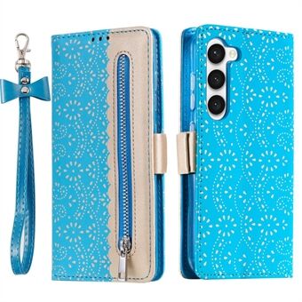 Voor Samsung Galaxy S23 PU Leather Shockproof Case Rits Portemonnee Telefoon Case Kant Bloem Patroon Telefoon Stand Cover met Bowknot Polsband