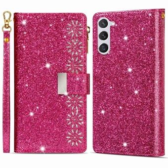 Voor Samsung Galaxy S23 PU lederen telefoonhoes Laser Carving Glittery Starry Style Rits Flip Wallet Cover Stand Meerdere kaartsleuven met riem