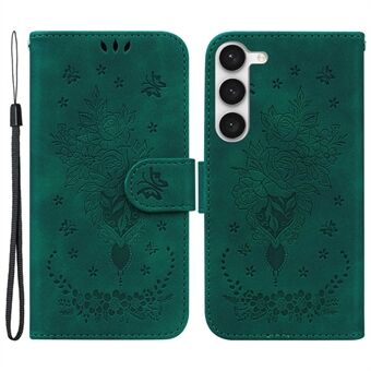 Voor Samsung Galaxy S23 bedrukt Rose Butterfly PU lederen flip cover Stand TPU binnenschaal magnetische sluiting portemonnee telefoonhoes met riem