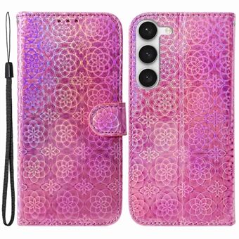 Voor Samsung Galaxy S23 Dazzling Flower Pattern Phone Cover Anti- Scratch PU Leather Magnetic Wallet Stand Phone Shell met riem