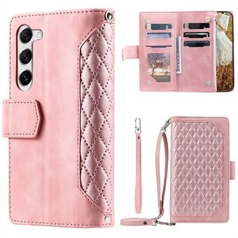 Voor Samsung Galaxy S23 005 Style Rhombus Imprinted Wallet Case PU Leer Magnetische Sluiting Handtas Rits Zak Stand Flip Telefoon Cover met Riem