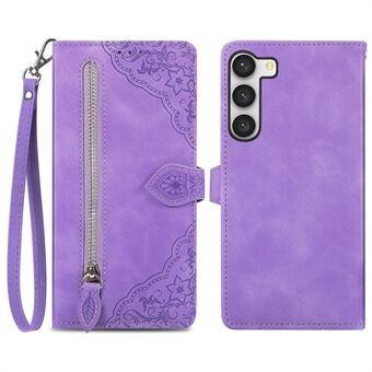 Voor Samsung Galaxy S23 Shockproof Flower Imprinted PU Leather Zipper Pocket Phone Case Flip Wallet Stand Cover met riem