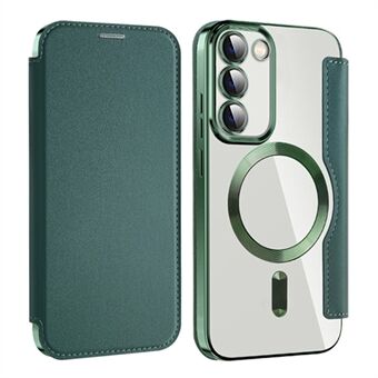 Magnetische telefoonhoes voor Samsung Galaxy S23, PU-leer + TPU doorzichtige RFID-blokkerende flipcover met lensfilm