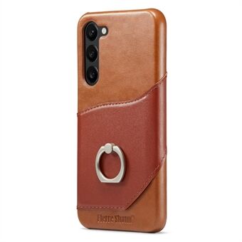 FIERRE SHANN Voor Samsung Galaxy S23 Rotary Ring Kickstand Telefoon Case Kaarthouder Echt Leer + PC Cover