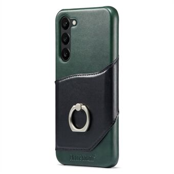 FIERRE SHANN Voor Samsung Galaxy S23 Rotary Ring Kickstand Telefoon Case Kaarthouder Echt Leer + PC Cover