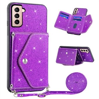 Glitter telefoonhoesje voor Samsung Galaxy S23 standaard kaarthouder leer gecoate TPU hoes met schouderband