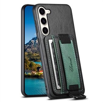 SUTENI H13 standaard achterkant van de behuizing voor Samsung Galaxy S23 met handriem, kaarthouder met leer gecoate pc + TPU-telefoonhoes