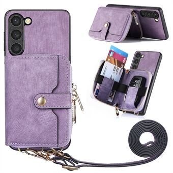 Wallet Kickstand Case met ritssluiting voor Samsung Galaxy S23, PU-leer + pc + TPU-telefoonhoes met lanyard