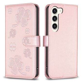 Voor Samsung Galaxy S23 Leren Flip Cover met Klaveren Opdruk Portemonnee Standaard Telefoonhoesje