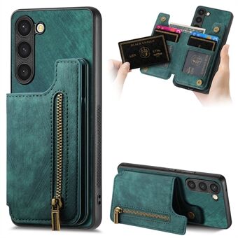 D15 Voor Samsung Galaxy S23 Kickstand Hoesje Retro PU+TPU Telefoonhoesje met Ritssluiting Portemonnee