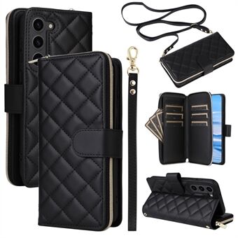 Voor Samsung Galaxy S23+ Hoesje met Rhombus Rits Portemonnee Leren Telefoonhoesje met Straps