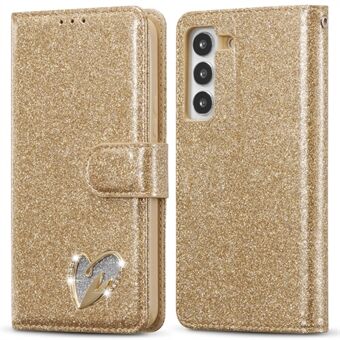 Voor Samsung Galaxy S23+ Glitter Leren Hoesje met Diamant Liefdeshart Portemonnee Stand Flip Cover