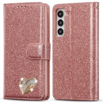 Voor Samsung Galaxy S23+ Glitter Lederen Hoes met Diamanten Liefdeshart Portemonnee Standaard Flip Cover