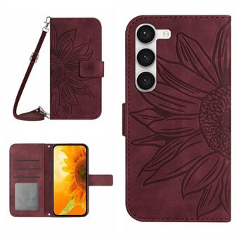 Voor Samsung Galaxy S23+ HT04 Bedrukt Zonnebloem PU lederen tas Portemonnee Stand Skin-Touch Telefoonhoes met schouderband