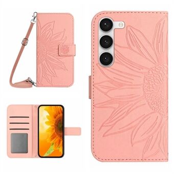 Voor Samsung Galaxy S23+ HT04 Bedrukt Zonnebloem PU lederen tas Portemonnee Stand Skin-Touch Telefoonhoes met schouderband