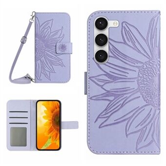 Voor Samsung Galaxy S23+ HT04 Bedrukt Zonnebloem PU lederen tas Portemonnee Stand Skin-Touch Telefoonhoes met schouderband