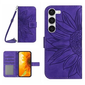 Voor Samsung Galaxy S23+ HT04 Bedrukt Zonnebloem PU lederen tas Portemonnee Stand Skin-Touch Telefoonhoes met schouderband