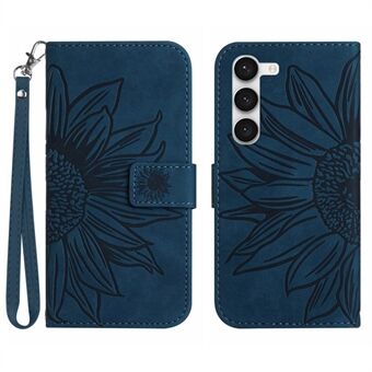 Voor Samsung Galaxy S23+ HT04 Flip Wallet Cover Skin-Touch Bedrukt Zonnebloem Scratch Telefoonhoesje Stand met Draagriem