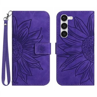 Voor Samsung Galaxy S23+ HT04 Flip Wallet Cover Skin-Touch Bedrukt Zonnebloem Scratch Telefoonhoesje Stand met Draagriem