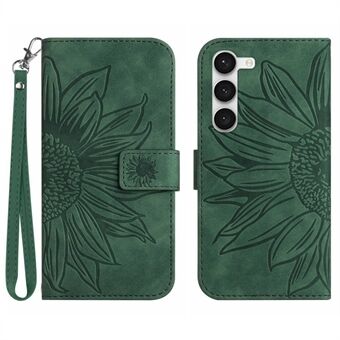 Voor Samsung Galaxy S23+ HT04 Flip Wallet Cover Skin-Touch Bedrukt Zonnebloem Scratch Telefoonhoesje Stand met Draagriem