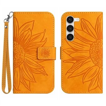 Voor Samsung Galaxy S23+ HT04 Flip Wallet Cover Skin-Touch Bedrukt Zonnebloem Scratch Telefoonhoesje Stand met Draagriem