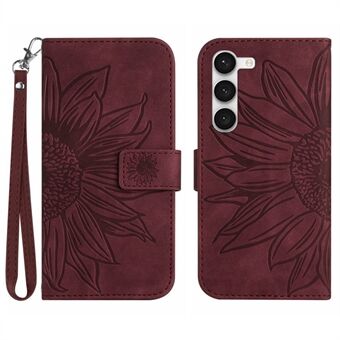 Voor Samsung Galaxy S23+ HT04 Flip Wallet Cover Skin-Touch Bedrukt Zonnebloem Scratch Telefoonhoesje Stand met Draagriem