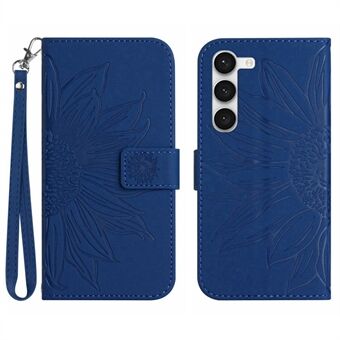 Voor Samsung Galaxy S23+ HT04 Flip Wallet Cover Skin-Touch Bedrukt Zonnebloem Scratch Telefoonhoesje Stand met Draagriem