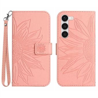 Voor Samsung Galaxy S23+ HT04 Flip Wallet Cover Skin-Touch Bedrukt Zonnebloem Scratch Telefoonhoesje Stand met Draagriem