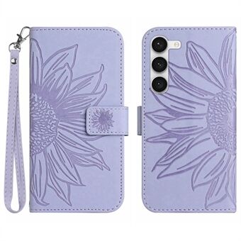 Voor Samsung Galaxy S23+ HT04 Flip Wallet Cover Skin-Touch Bedrukt Zonnebloem Scratch Telefoonhoesje Stand met Draagriem