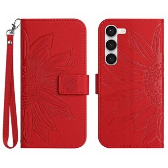 Voor Samsung Galaxy S23+ HT04 Flip Wallet Cover Skin-Touch Bedrukt Zonnebloem Scratch Telefoonhoesje Stand met Draagriem