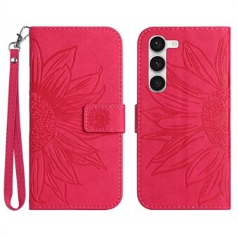 Voor Samsung Galaxy S23+ HT04 Flip Wallet Cover Skin-Touch Bedrukt Zonnebloem Scratch Telefoonhoesje Stand met Draagriem