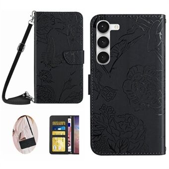 Voor Samsung Galaxy S23+ HT03 Skin-touch PU lederen portemonnee telefoonhoesje met vlinderbloemen bedrukt Stand magnetische foliocover met schouderband