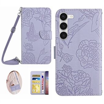 Voor Samsung Galaxy S23+ HT03 Skin-touch PU lederen portemonnee telefoonhoesje met vlinderbloemen bedrukt Stand magnetische foliocover met schouderband