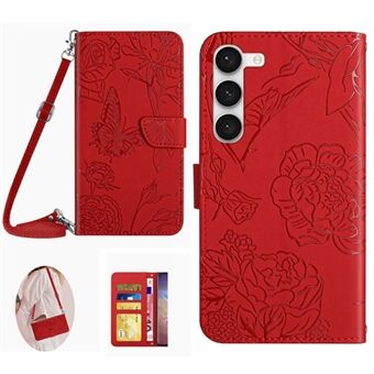 Voor Samsung Galaxy S23+ HT03 Skin-touch PU lederen portemonnee telefoonhoesje met vlinderbloemen bedrukt Stand magnetische foliocover met schouderband