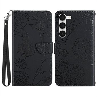 Voor Samsung Galaxy S23+ HT03 Bedrukte Vlinder Bloemen Portemonnee Case Skin-touch PU-leer Magnetische Flip Stand Telefoonhoes met Riem