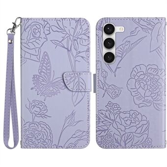 Voor Samsung Galaxy S23+ HT03 Bedrukte Vlinder Bloemen Portemonnee Case Skin-touch PU-leer Magnetische Flip Stand Telefoonhoes met Riem