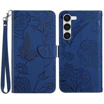 Voor Samsung Galaxy S23+ HT03 Bedrukte Vlinder Bloemen Portemonnee Case Skin-touch PU-leer Magnetische Flip Stand Telefoonhoes met Riem