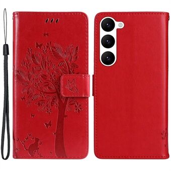 KT Imprinting Flower Series-3 telefoonhoesje voor Samsung Galaxy S23+, bedrukt kattenboompatroon portemonnee Stand allround schokbestendig PU lederen telefoonhoesje met riem