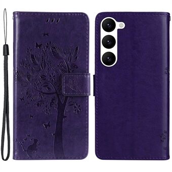 KT Imprinting Flower Series-3 telefoonhoesje voor Samsung Galaxy S23+, bedrukt kattenboompatroon portemonnee Stand allround schokbestendig PU lederen telefoonhoesje met riem