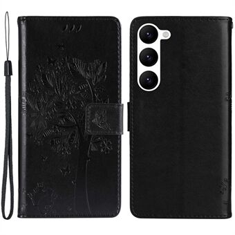 KT Imprinting Flower Series-3 telefoonhoesje voor Samsung Galaxy S23+, bedrukt kattenboompatroon portemonnee Stand allround schokbestendig PU lederen telefoonhoesje met riem