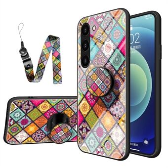 Voor Samsung Galaxy S23+ Anti- Scratch Telefoonhoes Standaard Bloemenpatroon Gehard Glas + PC + TPU Valbestendig Telefoonhoesje met Lanyard