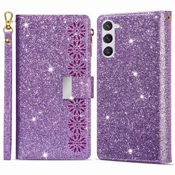 Voor Samsung Galaxy S23+ Kaarthouder Valbestendig Telefoonhoesje Lasergesneden Glittery Starry Rits Portemonnee Stand Leren telefoonhoesje met riem