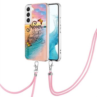 Voor Samsung Galaxy S23+ YB IMD Series-4 IMD IML Marmeren bloemenpatroon TPU Telefoonhoesje Galvaniserend frame Beschermende achterkant met draagkoord