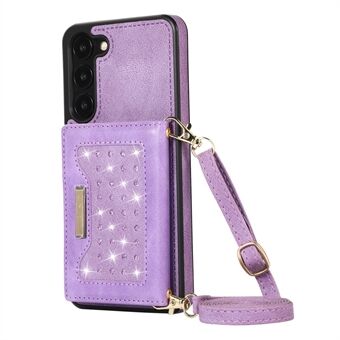 Anti- Scratch telefoonhoesje voor Samsung Galaxy S23+, RFID-blokkerende drievoudige portemonnee standaard Strass decor PU-leer gecoat TPU telefoonhoesje met riem