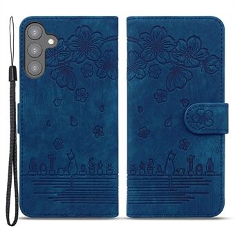 Voor Samsung Galaxy S23+ bedrukte bloem kat telefoon beschermhoes PU lederen portemonnee hoesje met riem