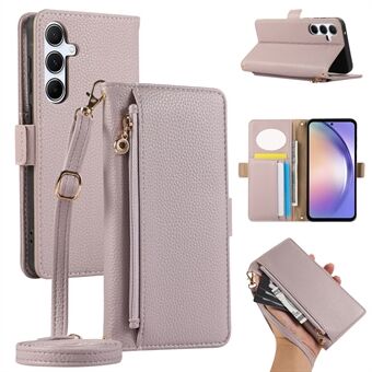 Voor Samsung Galaxy A54 5G Portemonnee Telefoonhoesje Schokbestendig TPU+PU Leren Flip Cover met Spiegel, Riem