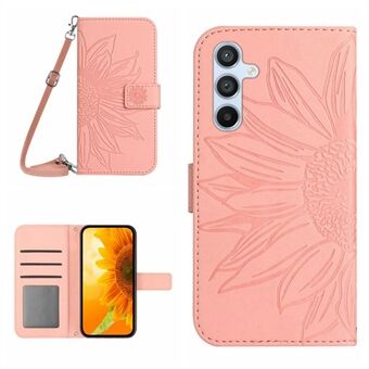 Voor Samsung Galaxy A54 5G HT04 Zonnebloem Bedrukt PU Lederen Portemonnee Case Stand Functie Flip Skin-touch Beschermende Telefoon Cover met Schouderriem