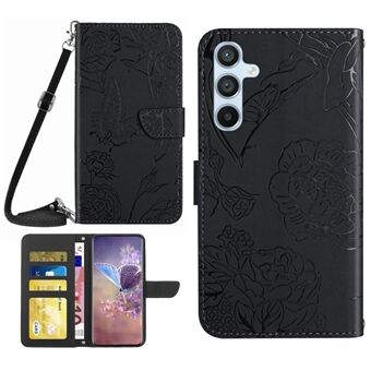 Voor Samsung Galaxy A54 5G HT03 Vlinder Bloemen Bedrukte Portemonnee Telefoonhoesje Skin-touch PU Lederen Flip Folio Stand Magnetische Cover met Schouderband