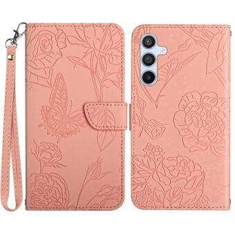 Voor Samsung Galaxy A54 5G HT03 Bedrukte Vlinder Bloemen PU Lederen Folio Cover Skin-touch Magnetische Flip Stand Cover met Draagriem